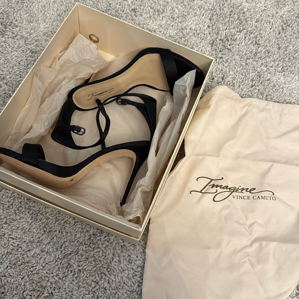 New in box Stiletto . Black satin. Size 8